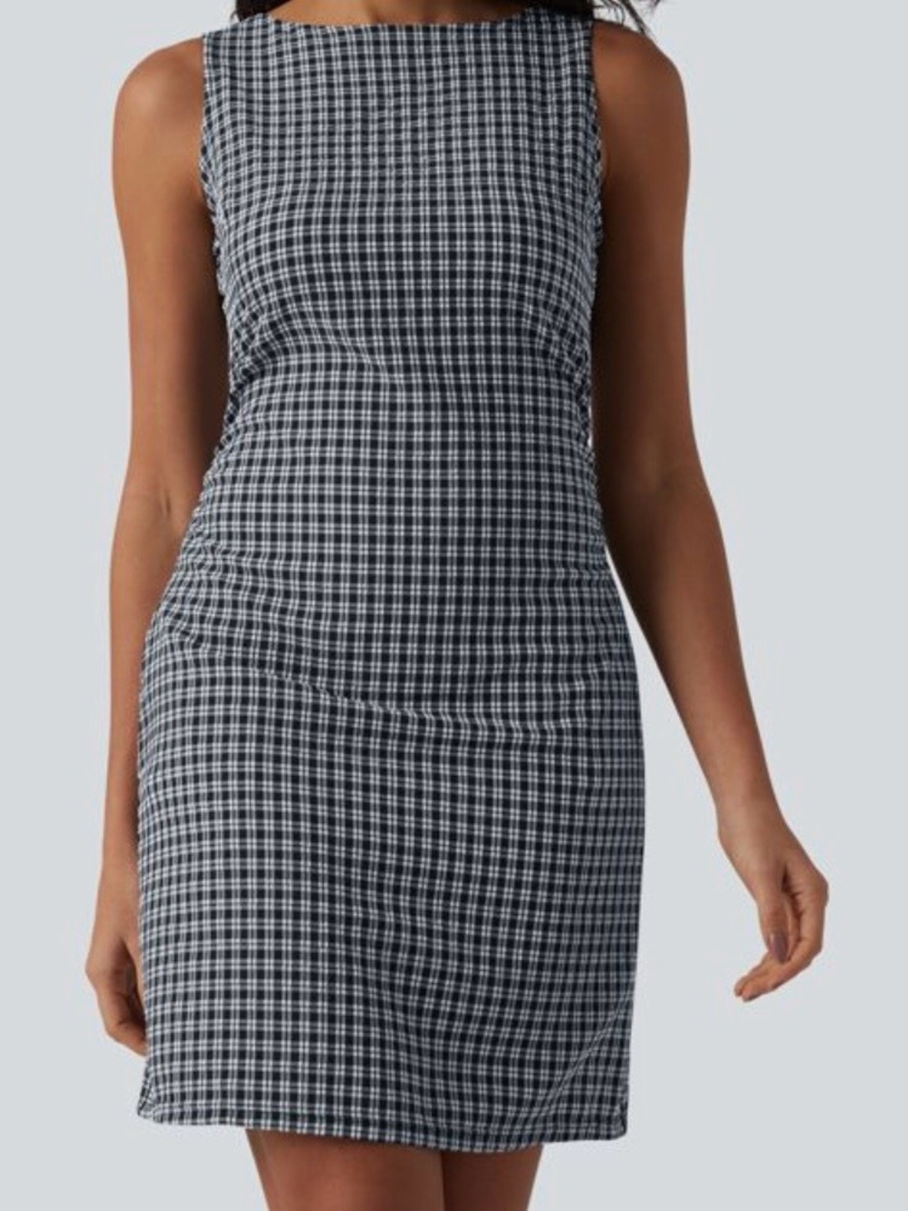 HALARA Black and White Plaid Sleeveless Sheath Dress
